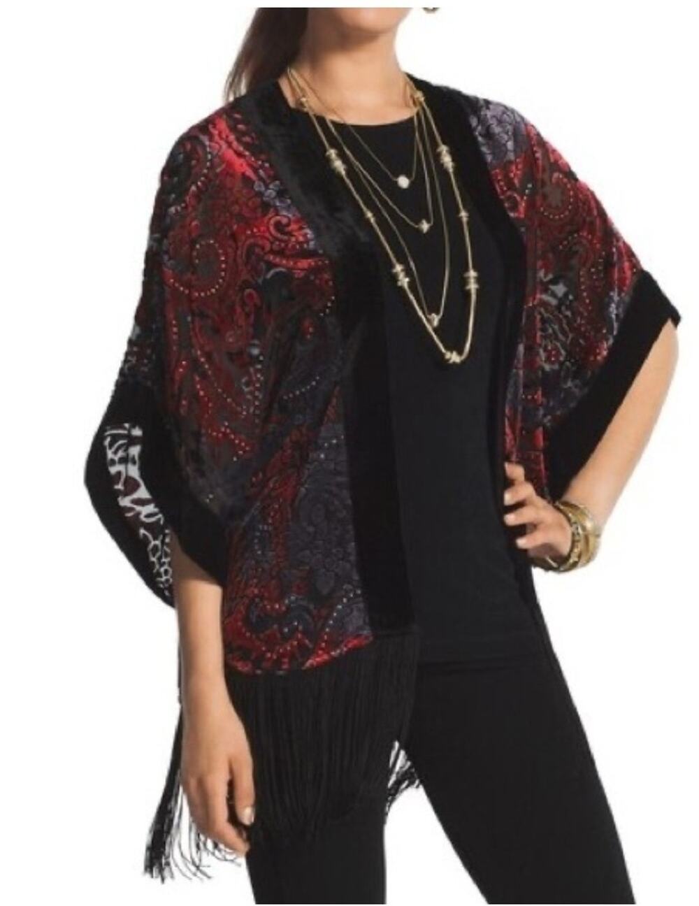 Chico's Traveler Velvet Burnout Fringe Kimono S/M Black Red Floral Paisley Boho